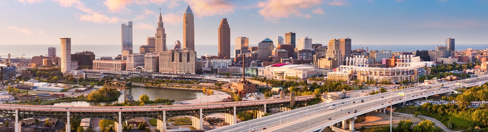 Aerial image of Cleveland skyline with Lake in the background